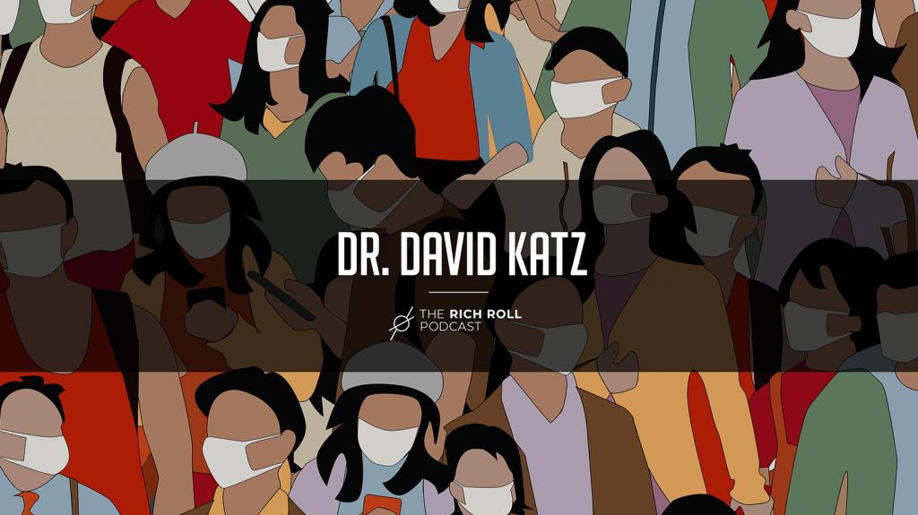 Colorful cartoon of many people walking closely together in different directions, all wearing white cloth facemasks.