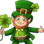 Cartoon leprechaun dressed in a green suit with brown belt and green top hat offers with outstretched hands a 4-leaf clover to the viewer.