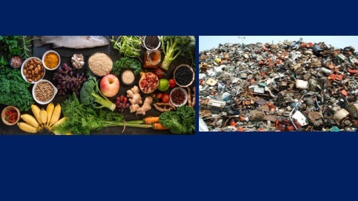 Healthy foods on the left; garbage landfill on the right.